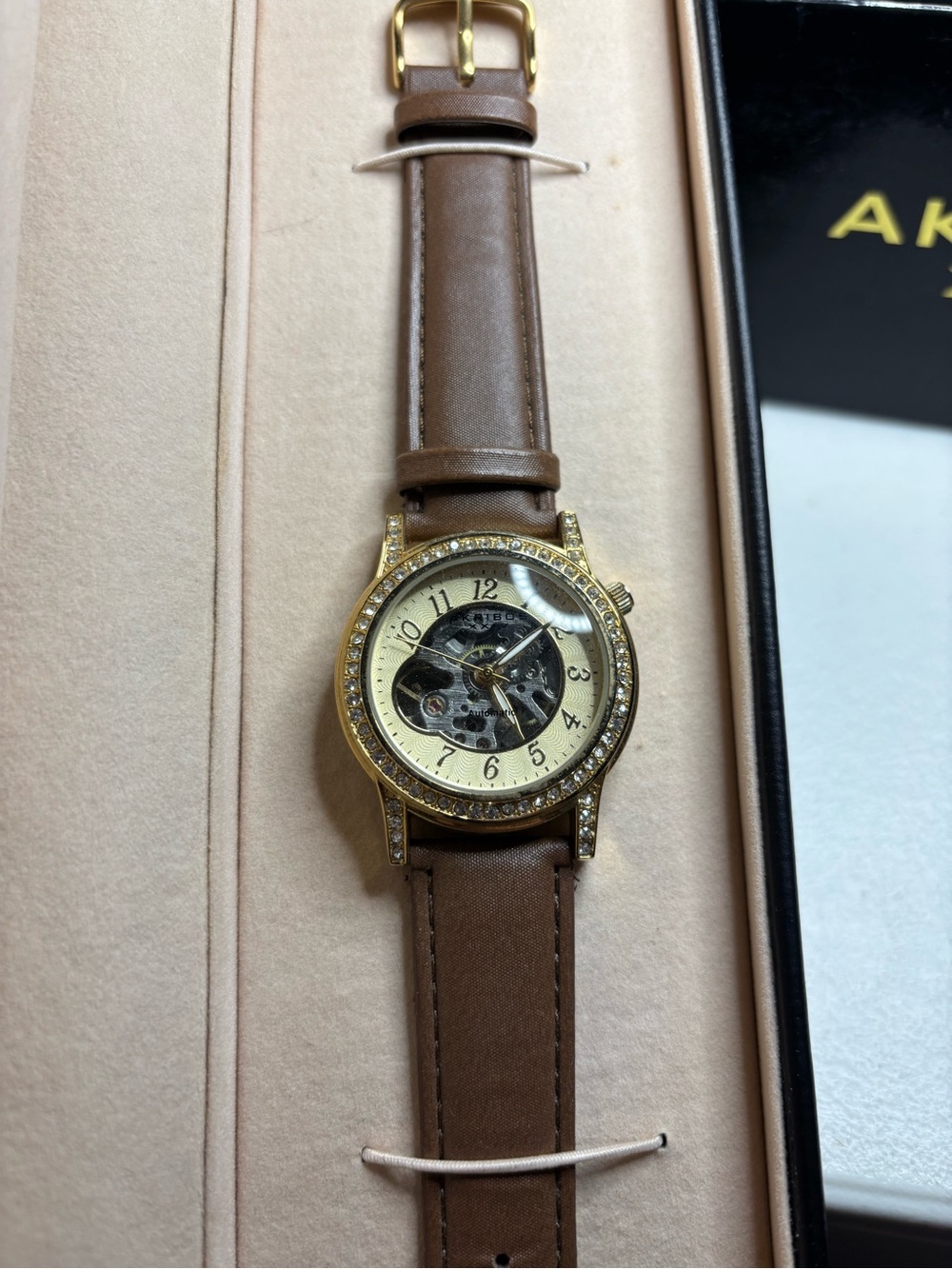 Gold-Tone Brown Leather Women's Skeleton Watch - (Brand Unspecified)
